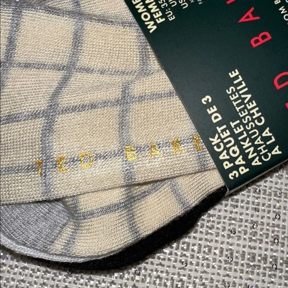 Ted Baker Gray Beige Plaid Black White Dress Crew Cut Bamboo Blend Socks 3 pack